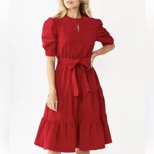 DRAPER JAMES RSVP Red Corduroy Puff Sleeve Tiered Belted Dress Size Large